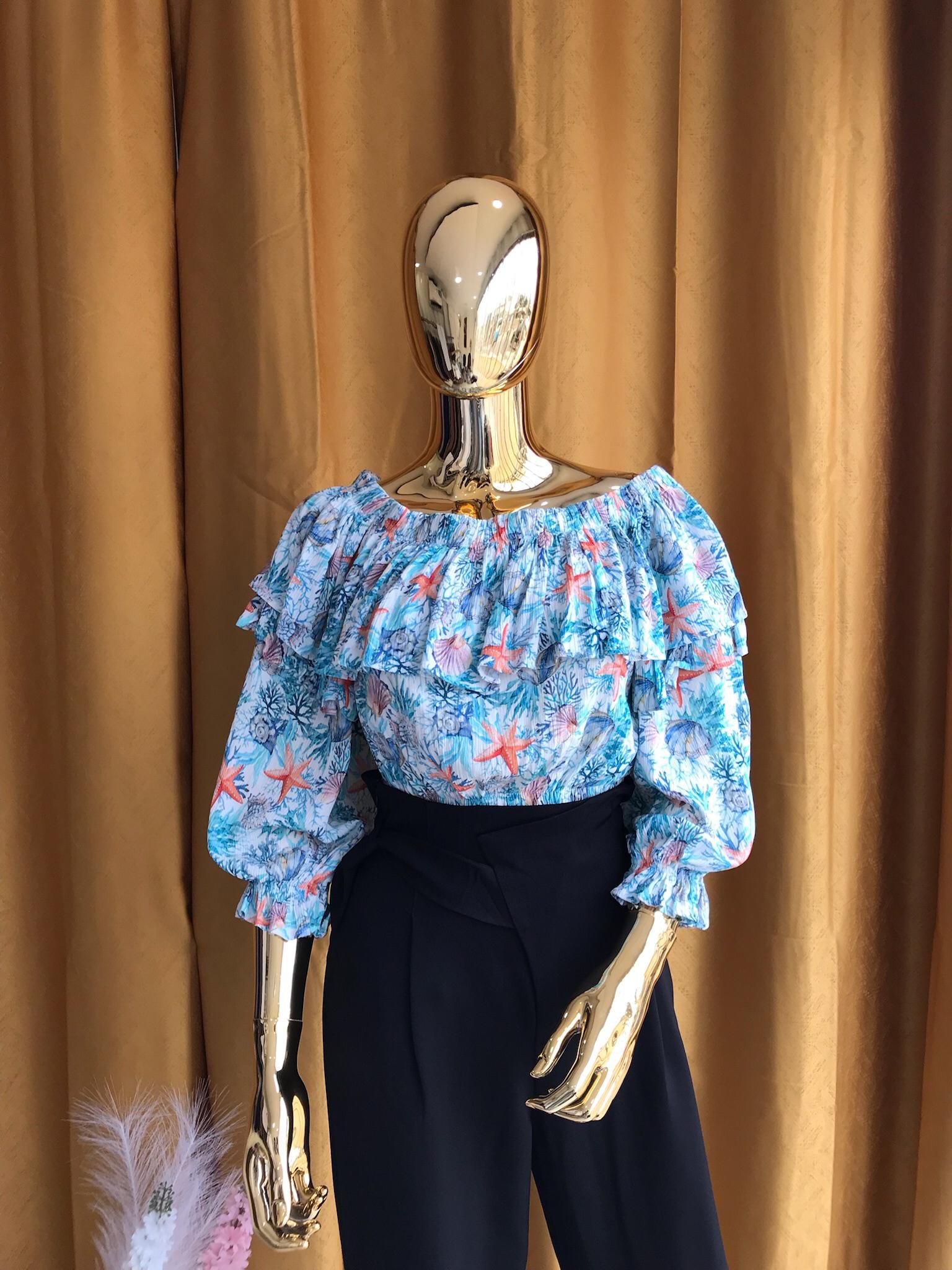 Blusa- Ombro a Ombro Estampa Marinha